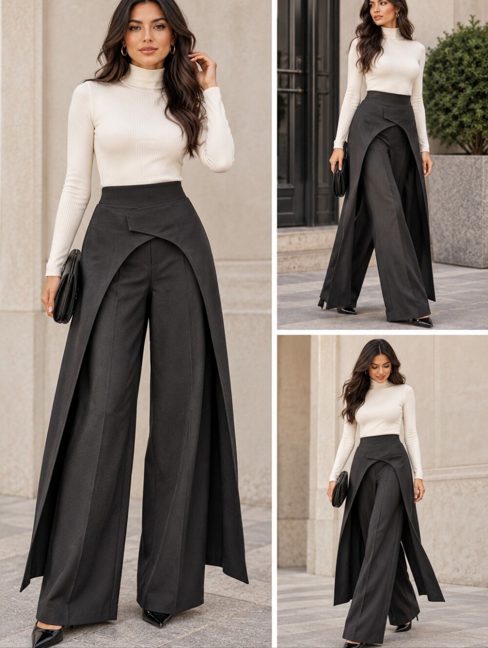 Black High-Slit Trousers with Front Panels